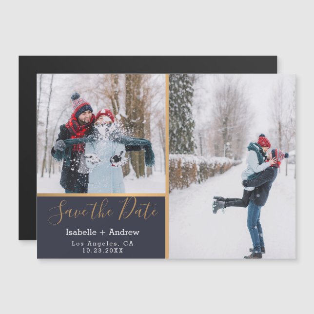 Elegant Navy Blue Photo Collage Gold Save the Date Magnetic Invitation (Front/Back)