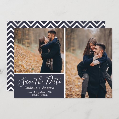 Elegant Navy Blue Photo Collage Save the Date
