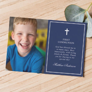 Elegant Navy Blue Photo First Holy Communion Thank You Card