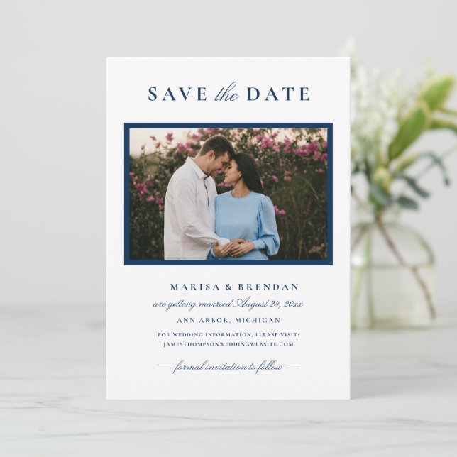 Elegant Navy Blue Photo Frame Wedding Save The Date (Standing Front)
