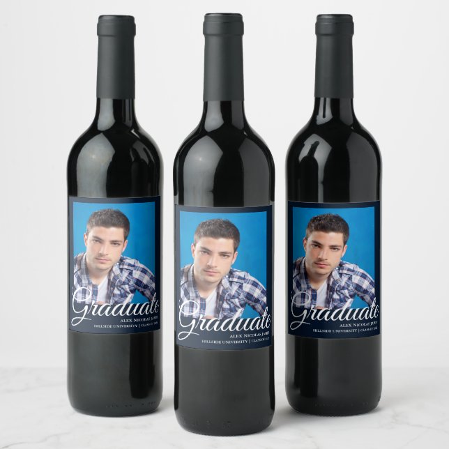 Elegant Navy Blue Photo Graduation Wine Label (Bottles)