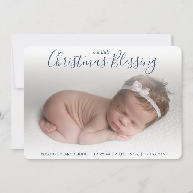 Elegant Navy Blue Photo Holiday Birth Announcement (Front)