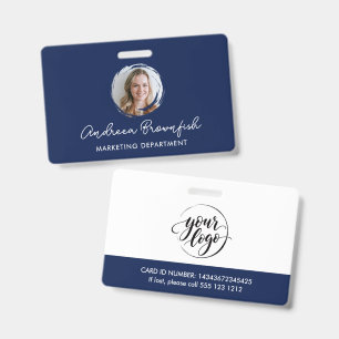 Elegant Navy Blue Photo Logo Employee ID Access Badge