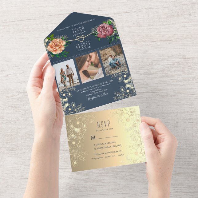 Elegant Navy Blue Photo Wedding Invitation (Tearaway)