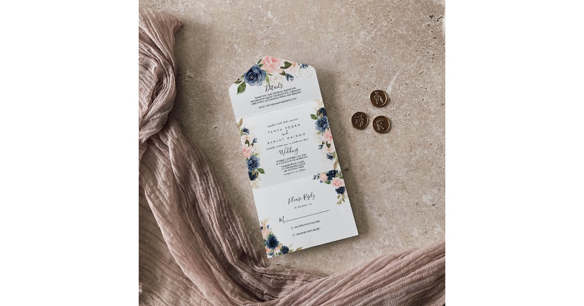 Elegant Navy Blue Pink Blush Gold Floral Wedding All In One Invitation ...