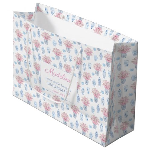 Elegant Navy Blue & Pink Bridesmaids Thank You Large Gift Bag - The background of this gift bag design is watercolor ginger jar vases (one of which is filled with pink blossom) arranged into a repeating pattern. The text shown is for a Bridesmaids thank you bag but all of the text fields are customizable to your needs. 