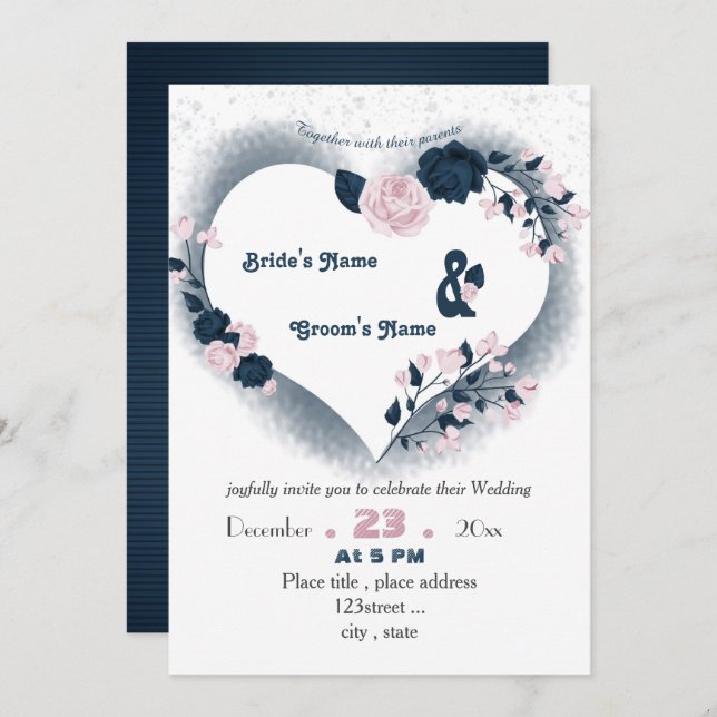 elegant navy blue & pink floral heart wedding invitation (Front/Back)