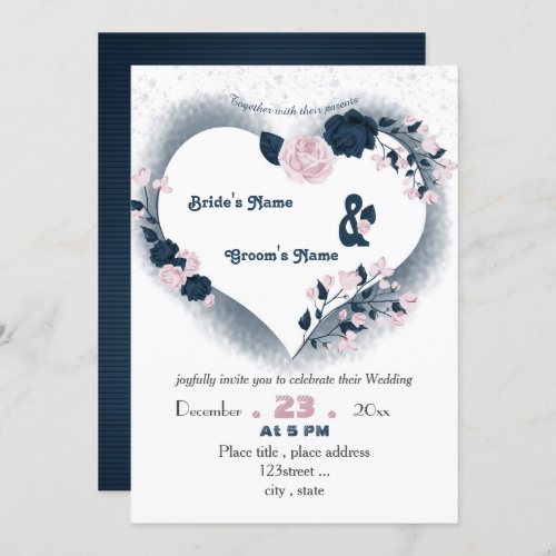 elegant navy blue  pink floral heart wedding invitation