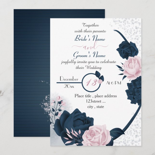 elegant navy blue & pink flowers wedding  invitation (Front/Back)