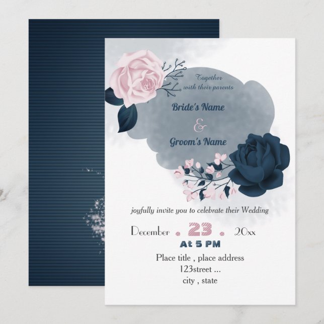 elegant navy blue & pink flowers wedding invitation (Front/Back)