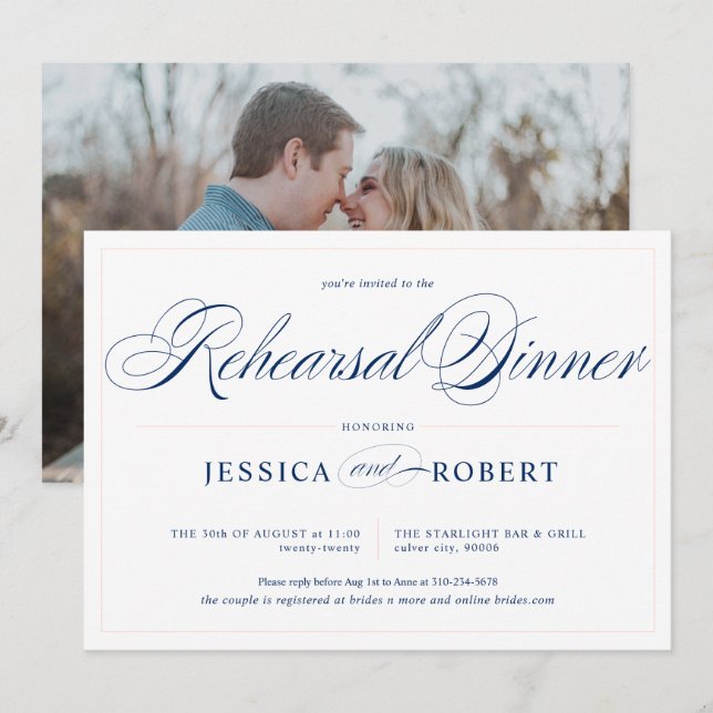 Elegant Navy Blue Pink Rehearsal Dinner Invitation (Front/Back)