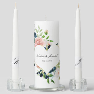 Elegant Navy Blue Pink Rose Floral Heart Wedding Unity Candle Set