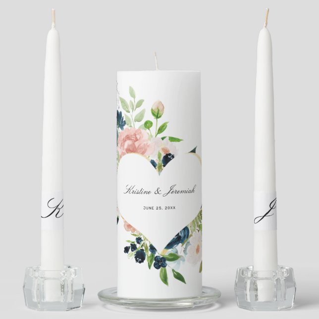 Elegant Navy Blue Pink Rose Floral Heart Wedding Unity Candle Set (Front)