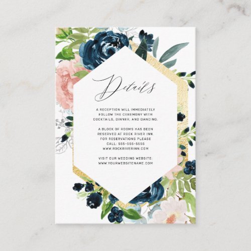 Elegant Navy Blue Pink Rose Floral Wedding Details Enclosure Card