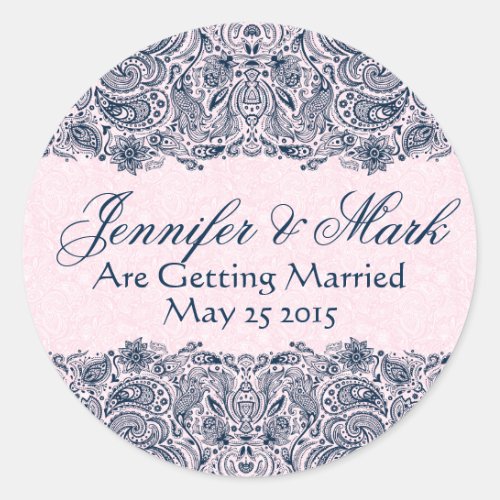 Elegant Navy Blue  Pinke Floral Paisley Lace Classic Round Sticker