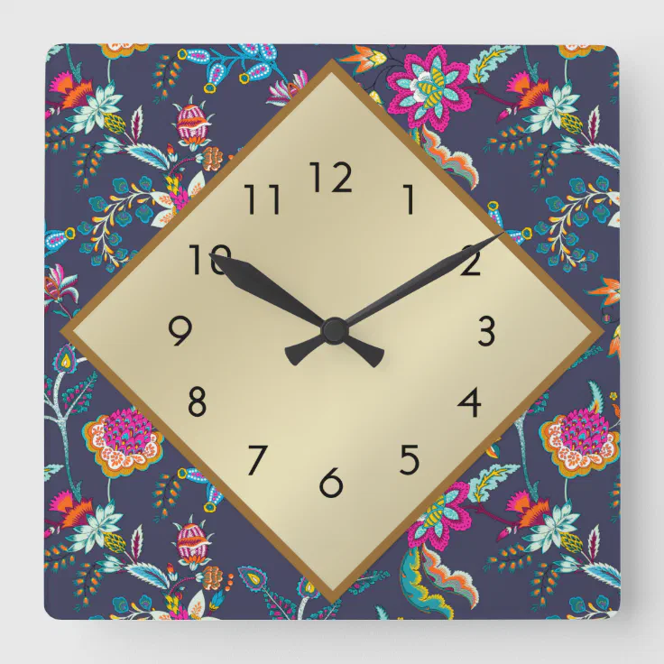 Elegant Navy Blue Purple Gold Floral Wall Clock Zazzle