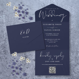 Elegant Navy Blue QR Code Monogram Wedding All In One Invitation