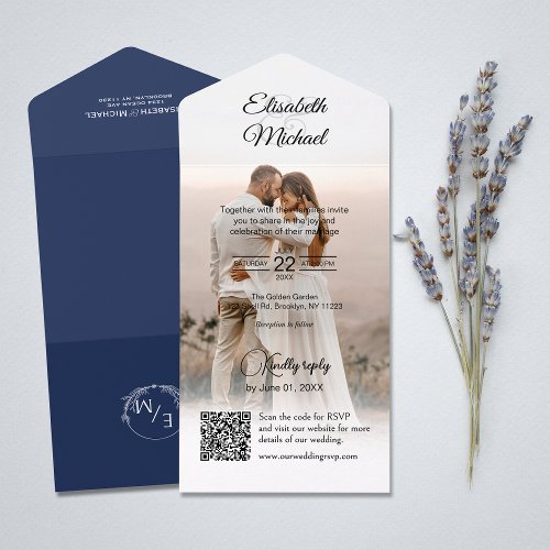 Elegant Navy Blue QR Code Website Photo Wedding All In One Invitation