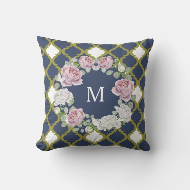 Elegant Navy Blue Quatrefoil Rose Wreath Monogram Throw Pillow (Front)