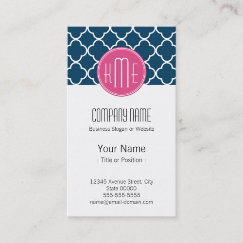 Elegant Navy Blue Quatrefoil with Pink Monogram Business Card Template