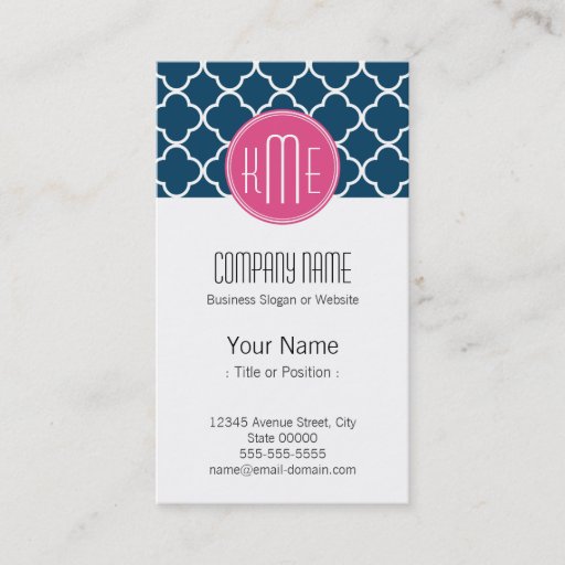 Customizable Elegant Navy Blue Quatrefoil with Pink Monogram Business Card Template