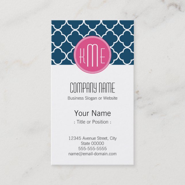 Elegant Navy Blue Quatrefoil with Pink Monogram Business Card (Front)