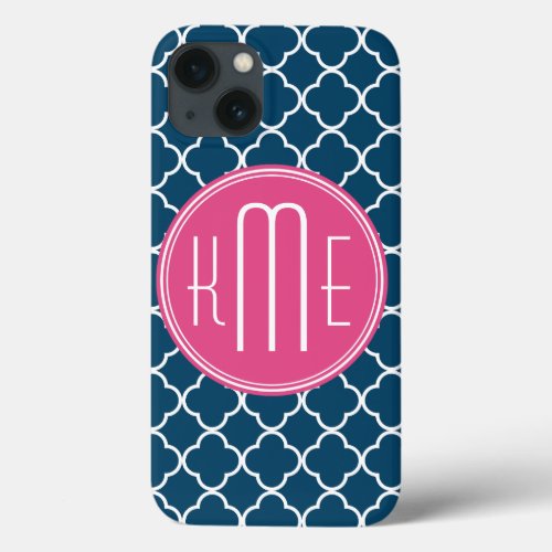 Elegant Navy Blue Quatrefoil with Pink Monogram iPhone 13 Case