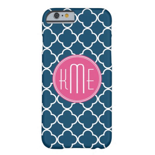 Elegant Navy Blue Quatrefoil with Pink Monogram Barely There iPhone 6 Case