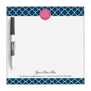 Elegant Navy Blue Quatrefoil with Pink Monogram Dry-Erase Board