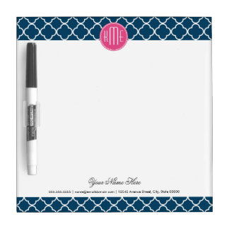 Elegant Navy Blue Quatrefoil with Pink Monogram Dry-Erase Board