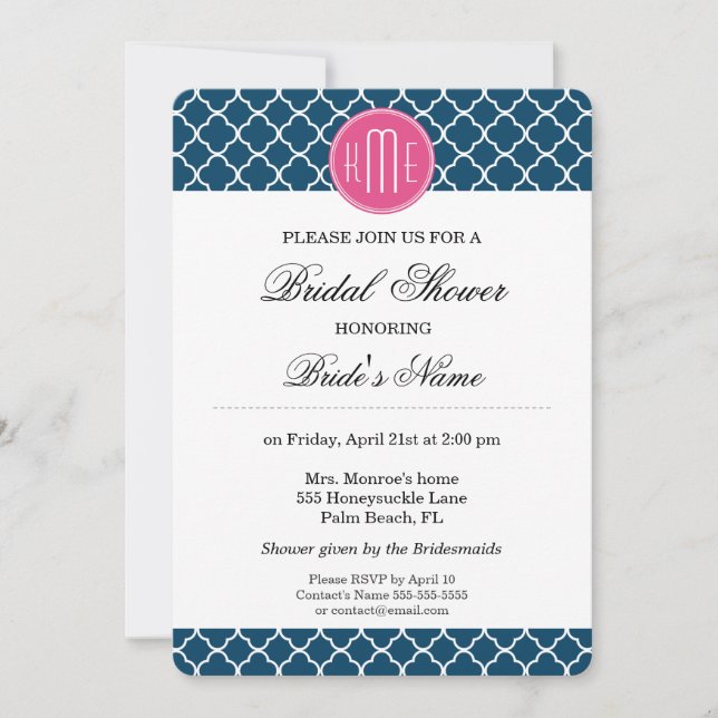 Elegant Navy Blue Quatrefoil with Pink Monogram Invitation (Front)