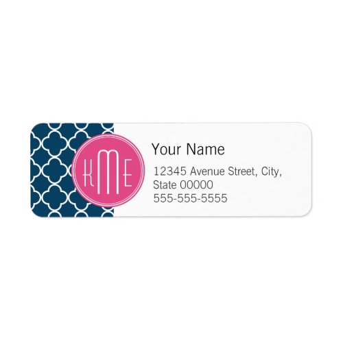 Elegant Navy Blue Quatrefoil with Pink Monogram Label