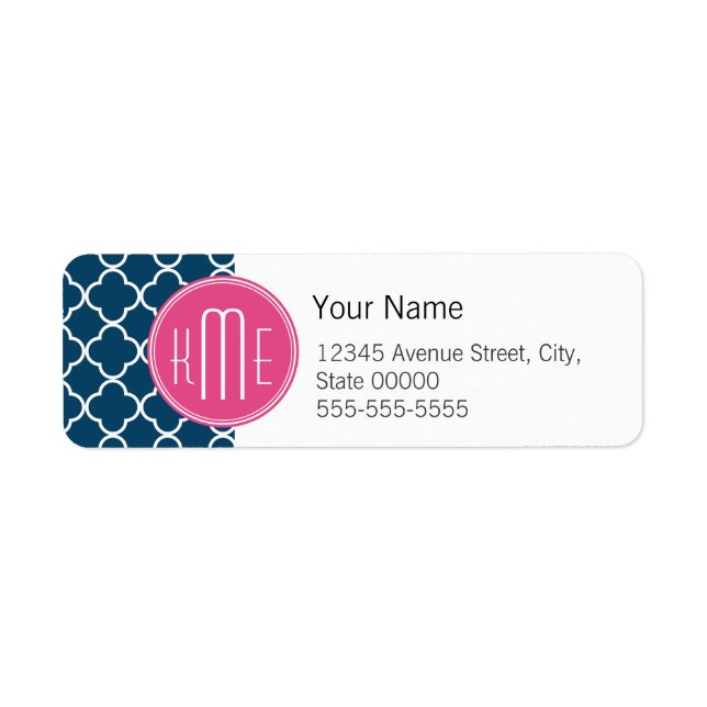 Elegant Navy Blue Quatrefoil with Pink Monogram Label (Front)