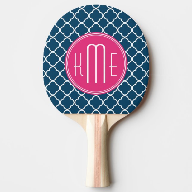 Elegant Navy Blue Quatrefoil with Pink Monogram Ping-Pong Paddle (Front)
