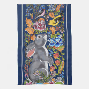 Elegant Navy Blue Rabbit & Birds Jacobean Floral Kitchen Towel