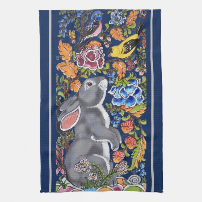 Elegant Navy Blue Rabbit & Birds Jacobean Floral Kitchen Towel (Vertical)
