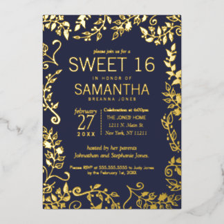 Elegant Navy Blue Real Gold Floral Sweet 16 Foil Invitation