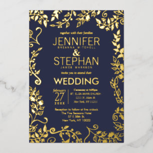 Elegant Navy Blue Real Gold Floral Wedding Foil Invitation