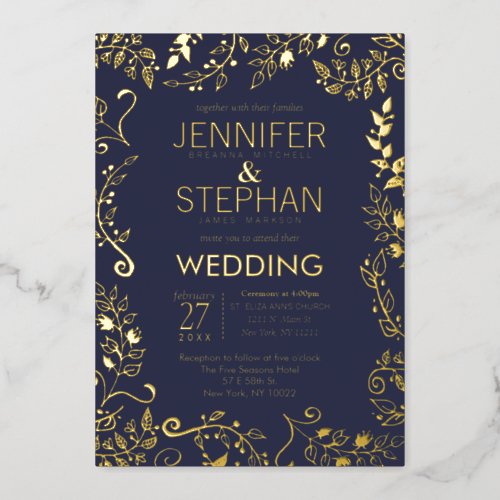 Elegant Navy Blue Real Gold Floral Wedding Foil Invitation