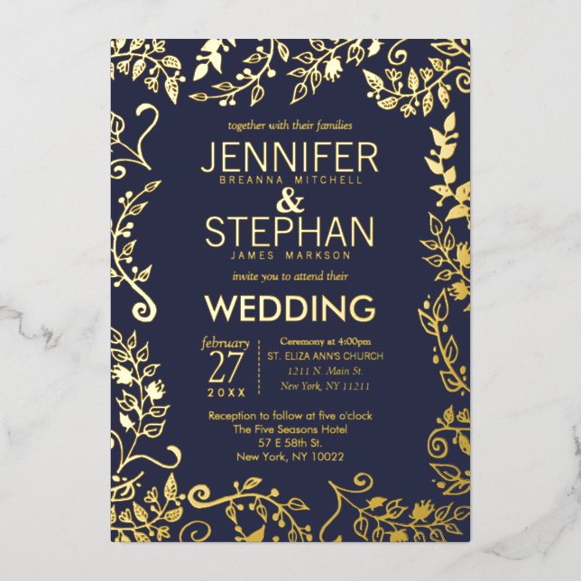 Elegant Navy Blue Real Gold Floral Wedding Foil Invitation (Front)