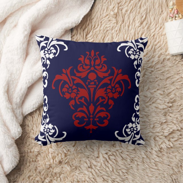 Elegant Navy Blue Red and White Damask Throw Pillow (Blanket)