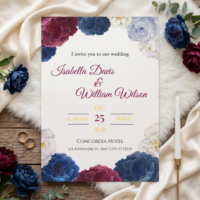 Elegant Navy Blue & Red Floral Frame Invitation (Creator Uploaded)