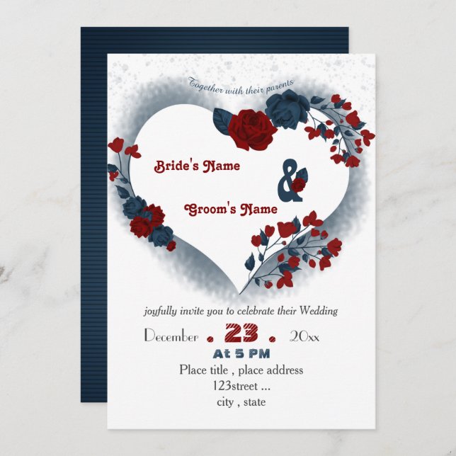 elegant navy blue red floral love heart invitation (Front/Back)