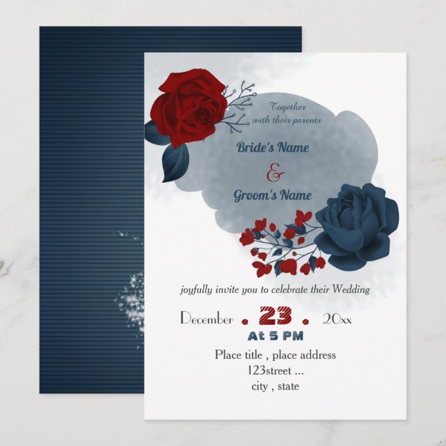 elegant navy blue & red flowers wedding invitation (Front/Back)