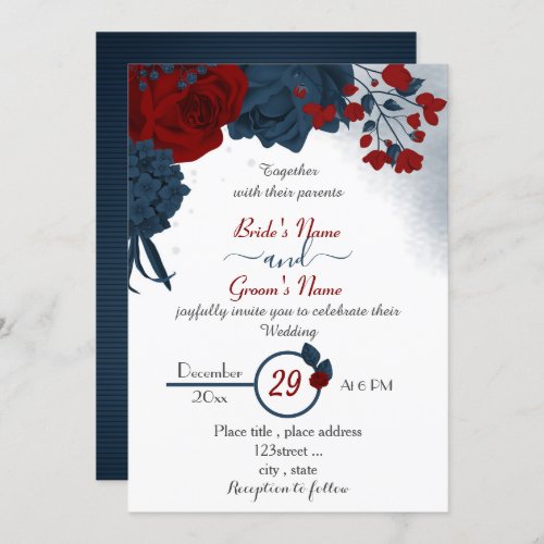 elegant navy blue  red flowers wedding invitation