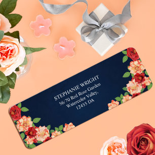 Elegant Navy Blue Red Rose Floral Wedding Address Label
