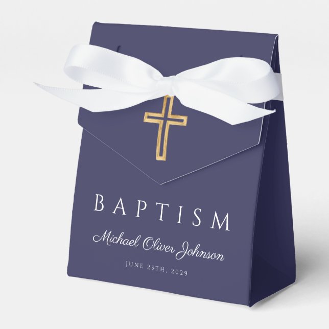Elegant Navy Blue Religious Cross Boy Baptism  Favor Boxes (Front Side)