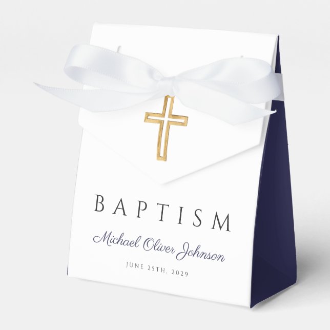 Elegant Navy Blue Religious Cross Boy Baptism Favor Boxes (Front Side)