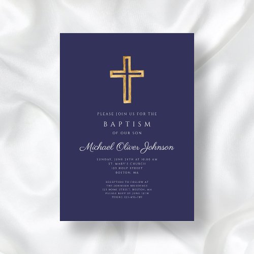 Elegant Navy Blue Religious Cross Boy Baptism Invitation