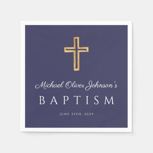 Elegant Navy Blue Religious Cross Boy Baptism Napkins